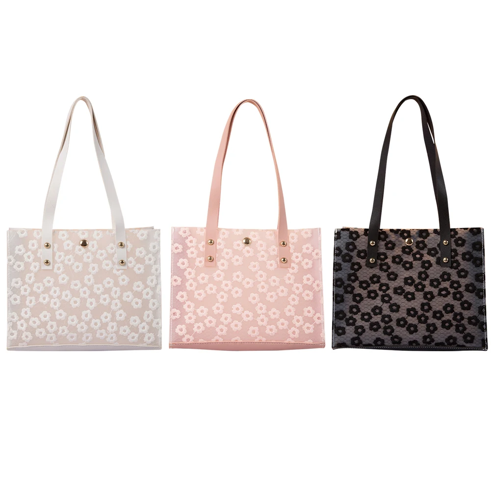

Fashion Women Flowers Embroidery Shoulder Bags Lace PU Leather Tote Shopping Bag Pure Color Bucket Small Handbags