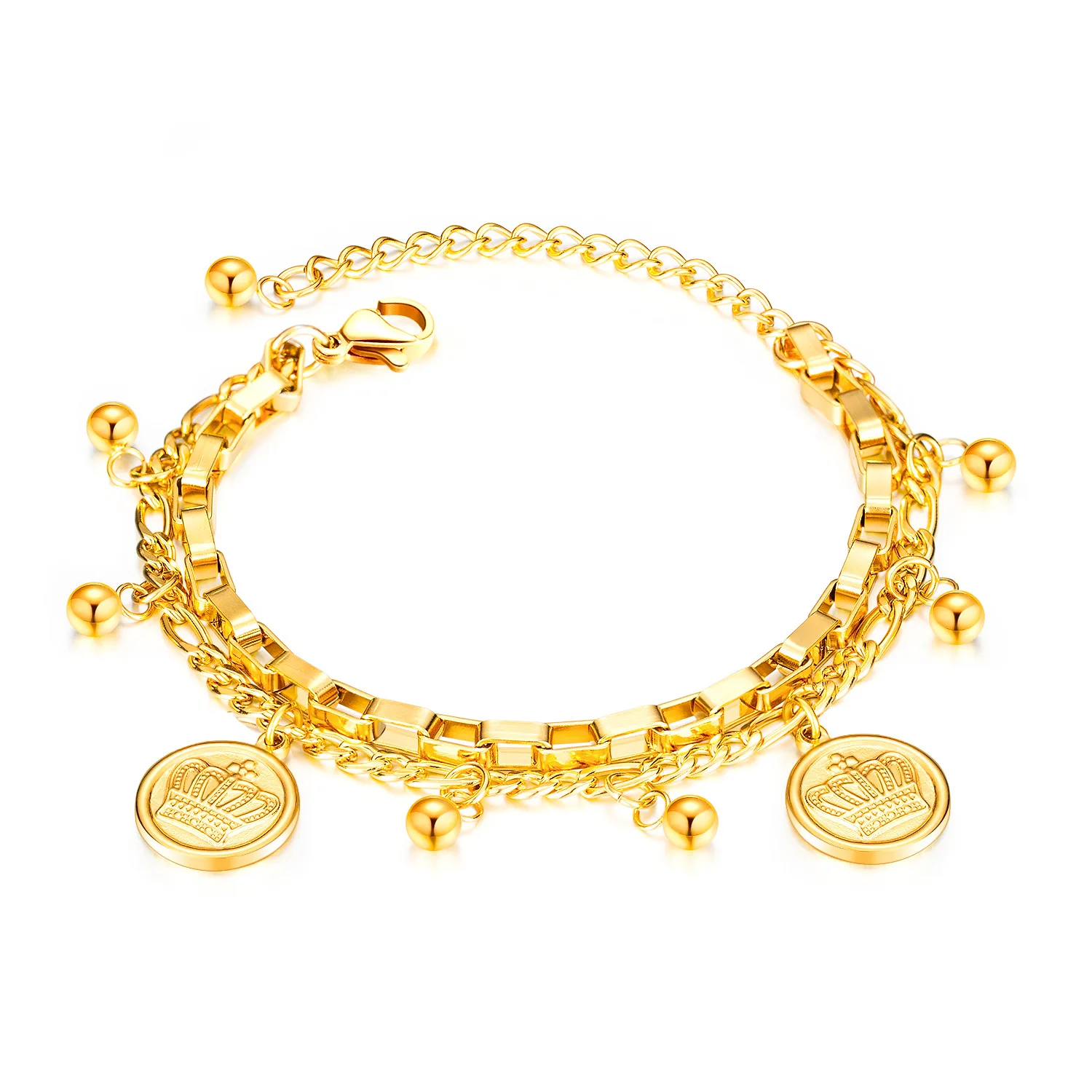 

V-252 Japan and South Korea trend jewelry crown round beads fashion wild multi-layer stainless steel bracelet female ins wild