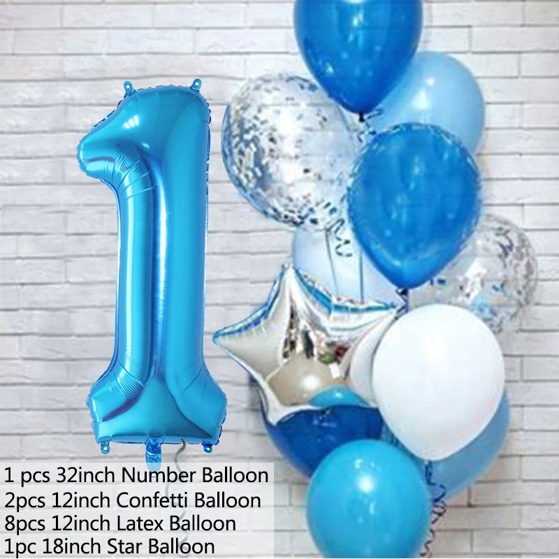 Globos de l&aacute;tex de aluminio con n&uacute;mero azul para ni&ntilde;os, decoraci&oacute;n para fiesta de cumplea&ntilde;os, primer a&ntilde;o, decoraci&oacute;n para Baby Shower, 12 unids/set por Set-2