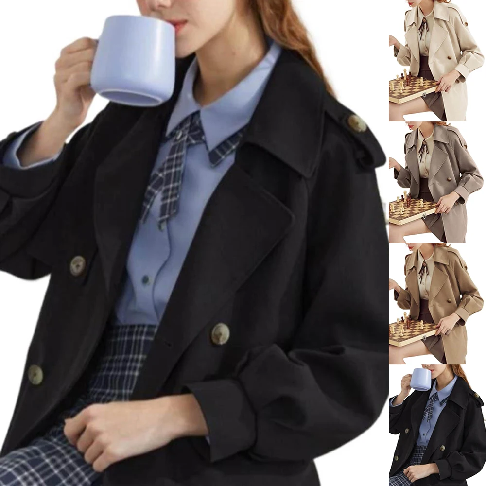 

Women Plain Notch Lapel Double Breasted Tie Waist Casual Long Sleeve Long Wool Coat Trench Coat Winter Coat For Women