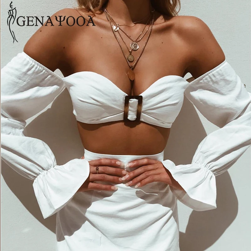 Genayooa Sloid Summer Two Piece Set Top And Skirt Beach Sexy Sets For Women Wrap Crop Long Sleeve 2020 |
