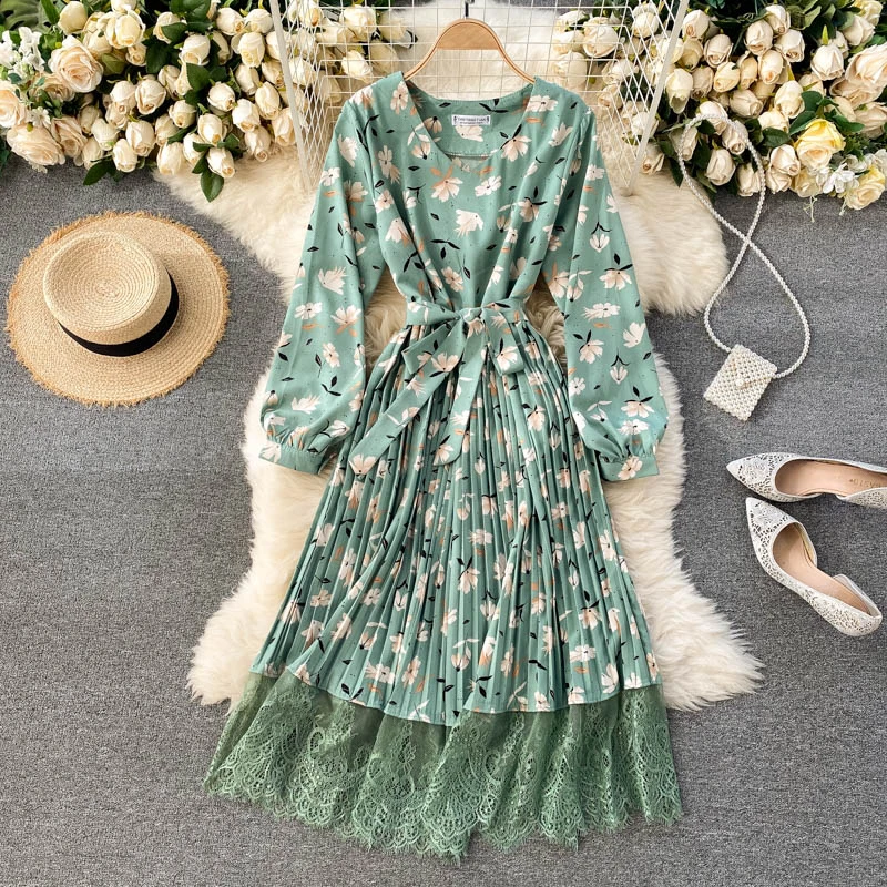 

French Style Floral Print Lace Splicing Party Dress O-Neck Full Sleeve Pleated Dress New Spring Fashion Women's Dress