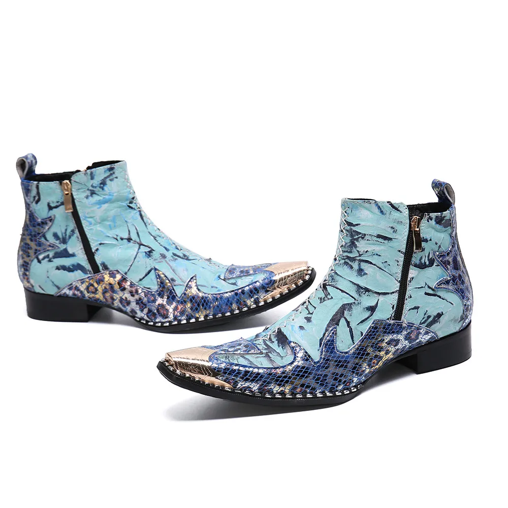 

Christia Bella Designer Patchwork Men Ankle Boots Blue Party Genuine Leather Men Dress Boots Fashion Formal Zip Short Boots Shoe