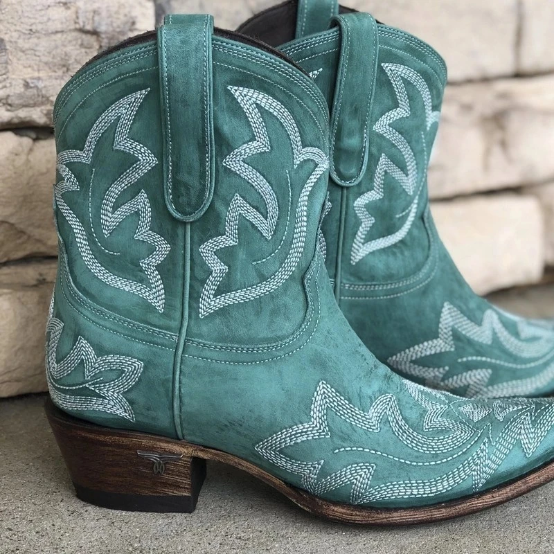 

2020 Embroidered Faux Leather Cowboy Ankle Boots Women's Wedge High Heels Western Cowgirl Boots