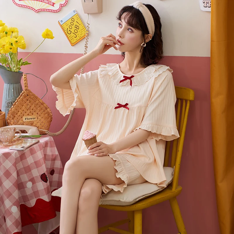 

Women Princess Vintage Summer Pajamas Set Kawaii Bows Ruffle Short Sleeve Loose Homewear Cotton O-Neck Outdoor Girls Sleepwear