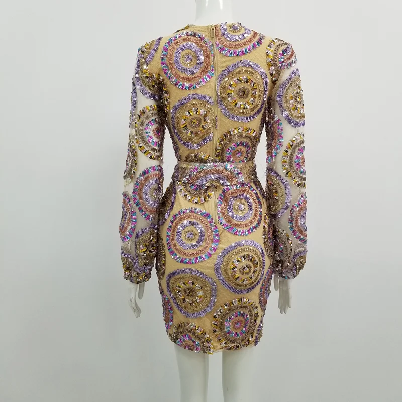 

New Arrivals 2019 Multicolor Fashion Sequined Long Sleeve Autumn Dress Women Chic Circle Sashes Sexy V Neck Bodycon Vestidos