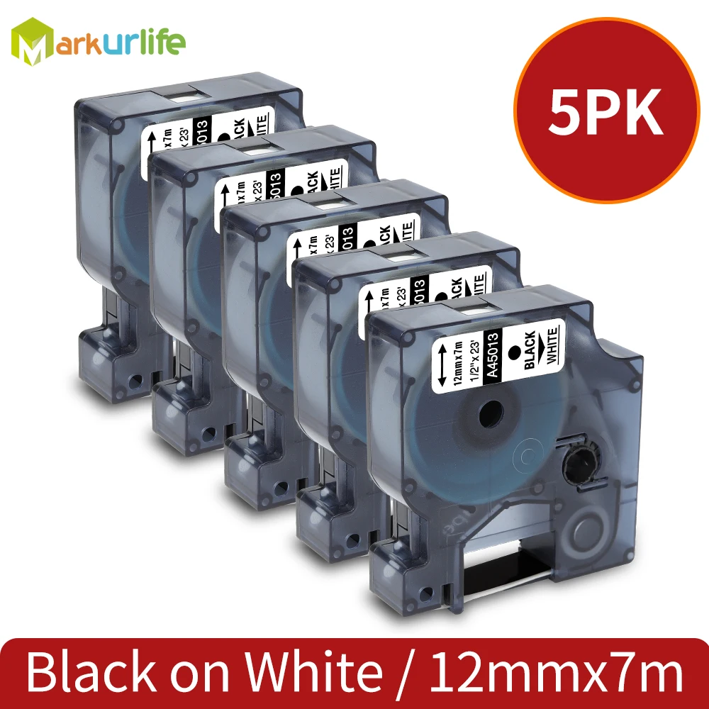 

Markurlife 5pcs 45013 45010 Compatible Dymo D1 Label Tape 12mm 45018 40918 for Dymo LabelManager Maker 160 280 210 260P Printer