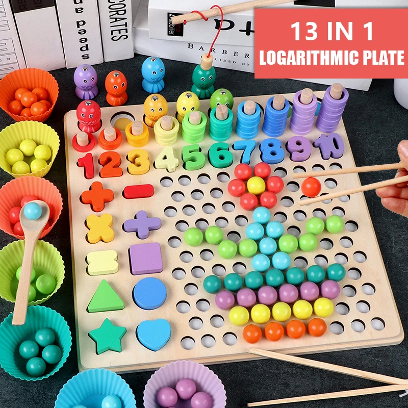 

Montessori Wooden Educational Toy Kids Fishing Matching Hands Brain Training Clip Beads Puzzle Board Math Game Preschool Toy