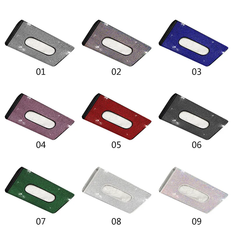 

Exquisite Bling Crystal Car Tissue Box Auto Sun Visor Type Diamond Rhinestone Tissue Case Clip Hanging Napkin Paper Organizer