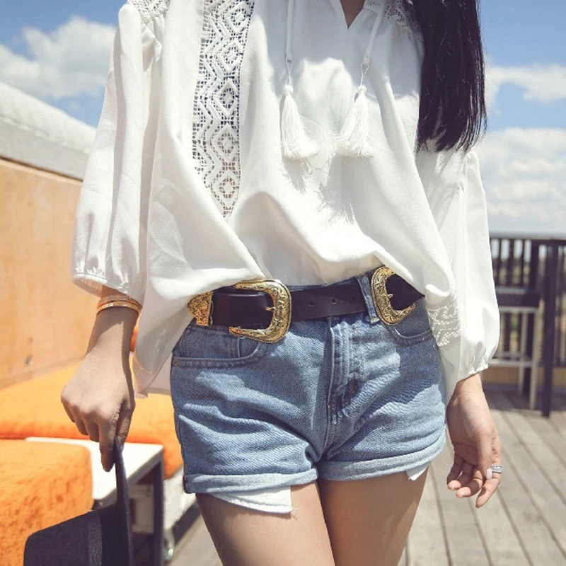 Ремень с двойной пряжкой Женский модный винтажный пояс в стиле бохо из металла и