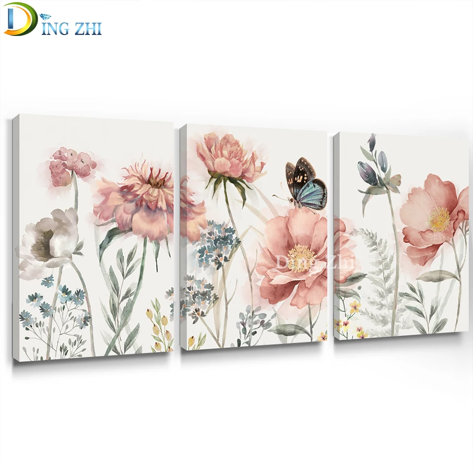 

Full Square Diamond Painting Flower Pink Bathroom Prints Botanical Embroidery Full Display Diamond Mosaic Craft Kit 3 Piece Set
