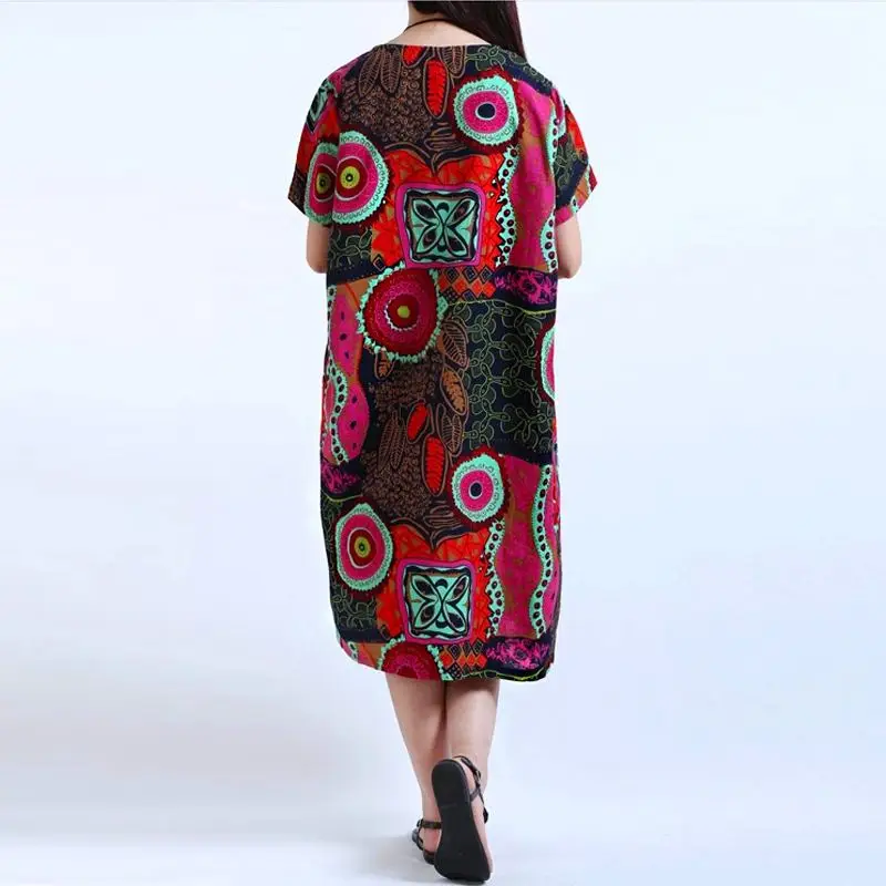M-5XL2019 YOINS Новое Женское платье с круглым вырезом и цветочным принтом с коротким рукавом из хлопка и льна Повседневное Платье До Колена мешковатое Платье-туника размера плюс