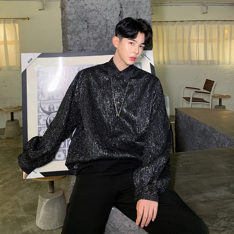 Рубашка мужская с длинным рукавом винтажная блестящая модная уличная одежда в