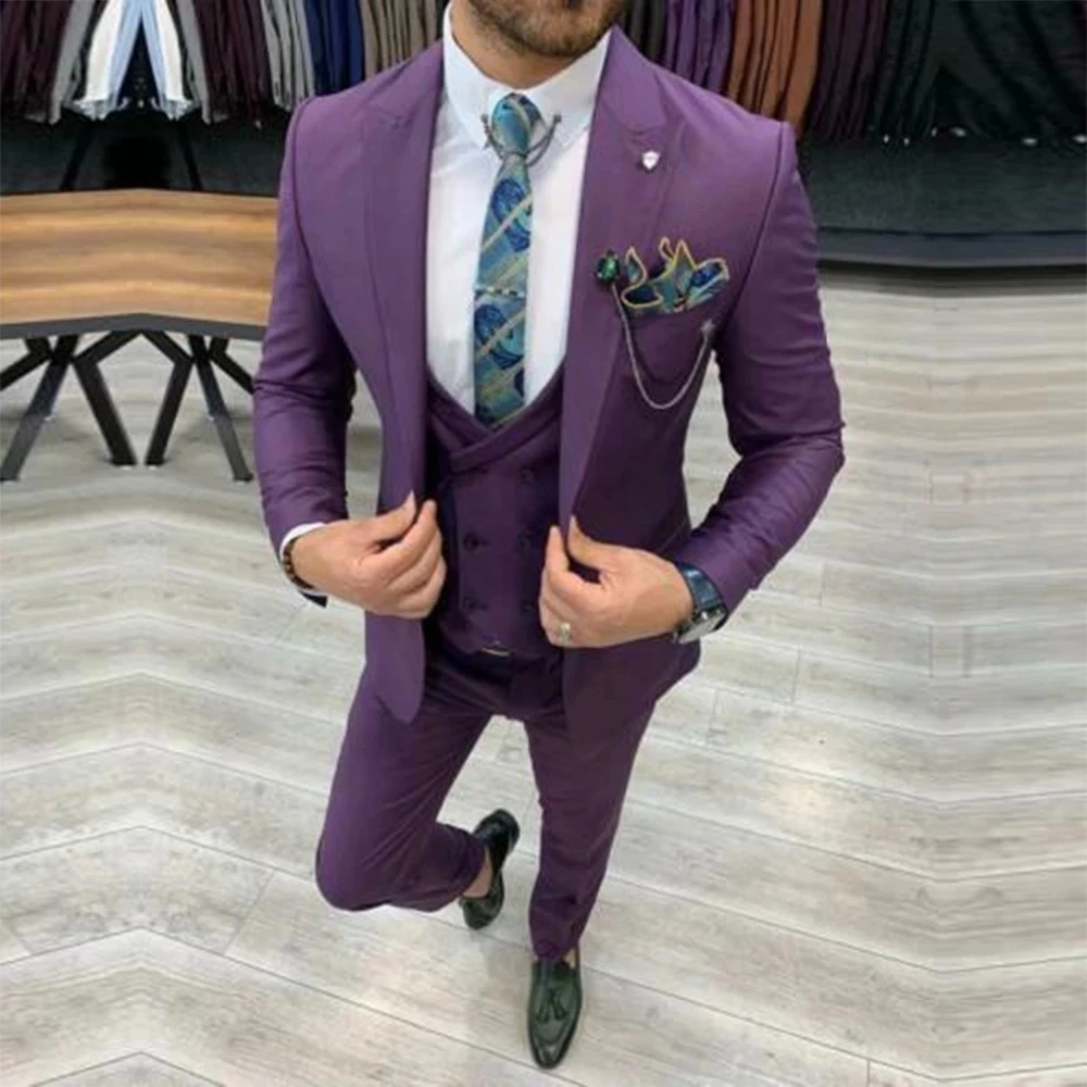 

2021 Fashion Design Purple Peaked Lapel Two Buttons Groom Wear Men Suits For Wedding Custom Made Slim Fit Blazers Modest 3 Piece