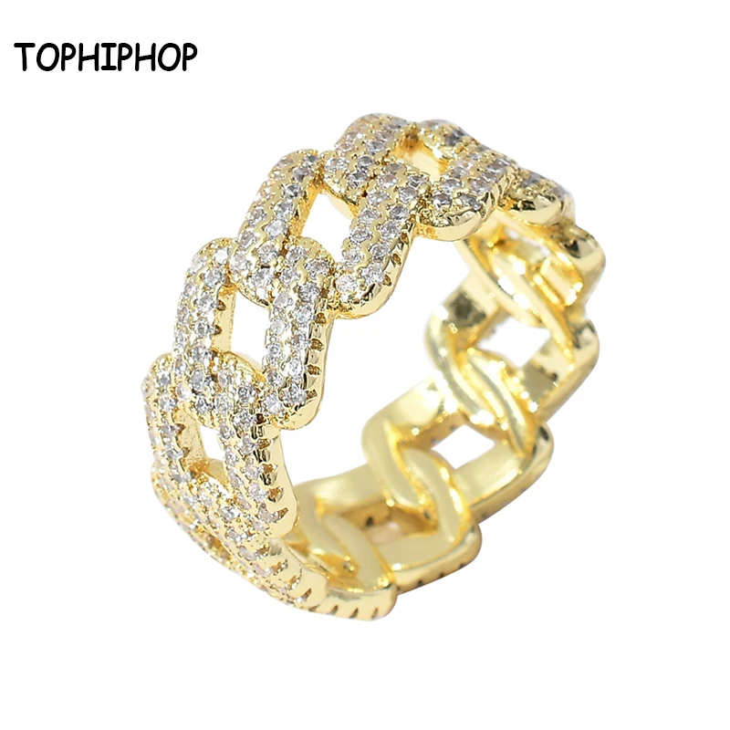 

TOPHIPHOP New Hip Hop Cuban Link Ring High-Quality Copper Gold Micro-Inlaid Zircon Electroplated Real Gold Men's Ring