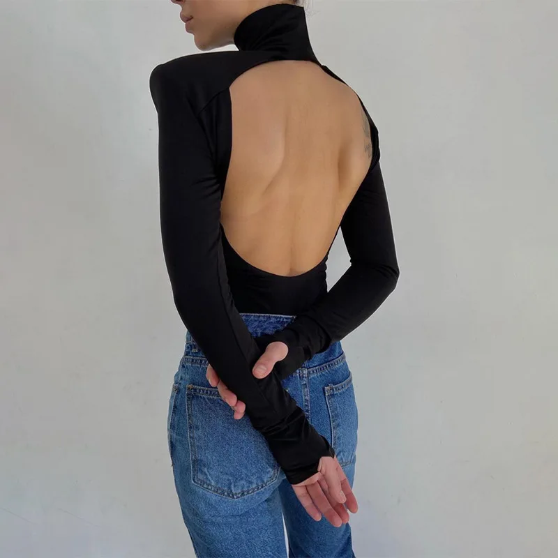 Cryptographic Sexy Backless Bodysuits Turtleneck Elegant Club Party Women's Tops One Piece Outfit High Waist Bodysuit Rompers