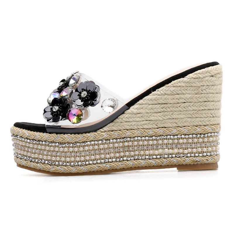 Прозрачные Летние эспадрильи Женская обувь из пеньковой ткани Шлепанцы на