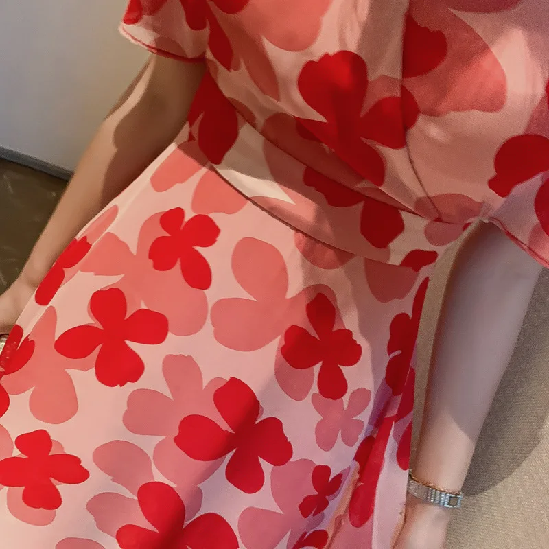 Шифоновое платье с высокой талией и V образным вырезом однотонное|Женские платья|