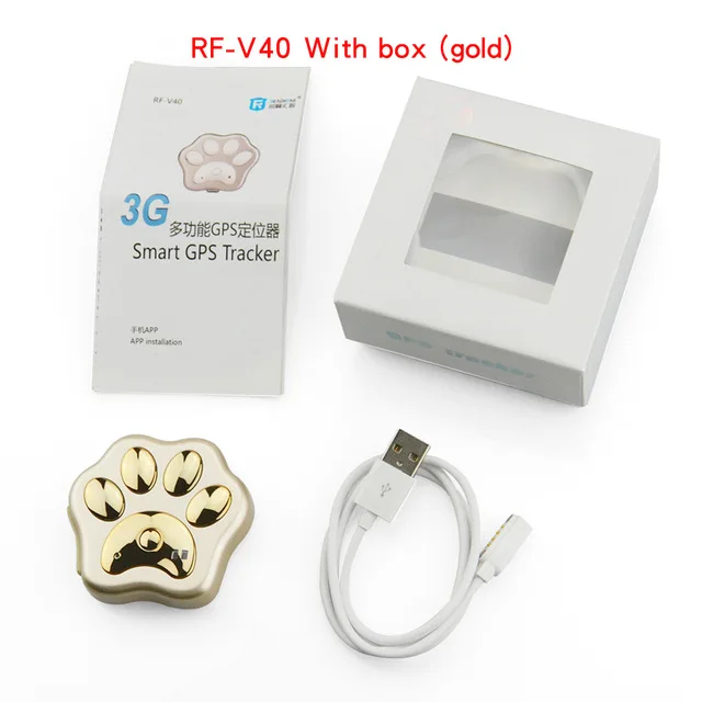 Golden with box RF-V40, 3g, gps трекер для питомцев, собак, кошек, устройство против потери, Мини, водонепроницаемый, для домашних животных, Wifi, локатор, расширенный, герметичный, водонепроницаемый, пылезащитный - Цвет: Golden with box