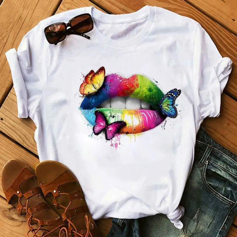 

Sexy Ink Color Butterfly Lips Print Ladies Short-sleeved T-shirt Student Shirt Ins Super Fire 2021 Summer Female S-xxxl