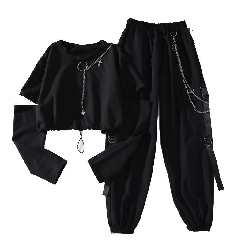 

Spring Autumn Women Harajuku Cargo Pants Handsome Cool Two-piece Suit Chain Long Sleeve+Ribbon Pants
