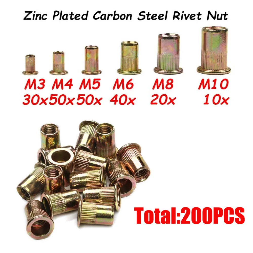 

200Pcs M3 M4 M5 M6 M8 M10 Zinc Plated Carbon Steel Rivet Nuts Knurled Nuts Flat Head Threaded Rivet Insert Nutsert Cap Rivet Nut