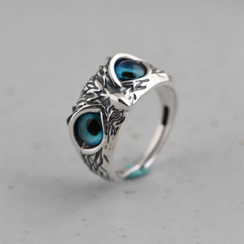 

925 Sterling Silver Demon Eye Owl Ring Retro Vintage Head Ring for Men Women Adjustable Band Ring Size 8-10 BMF88