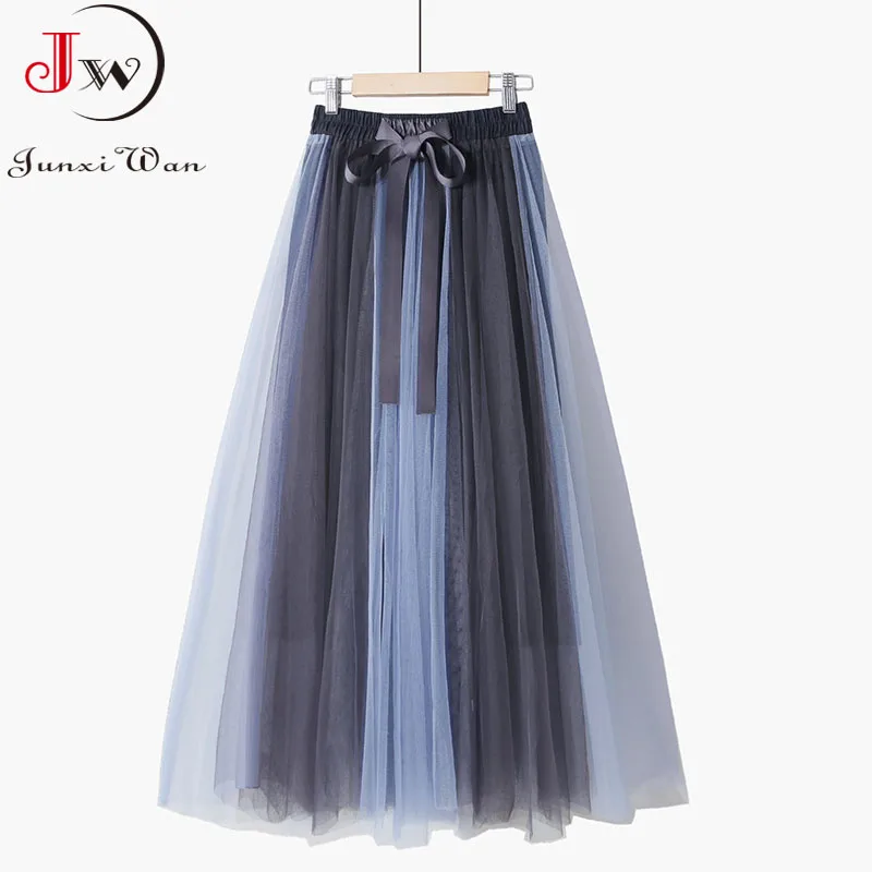 

Women Summer Long Skirts Sweet Two Layers Mesh Bowknot Lace High Waist 2022 Spring Elegant Office Party Pleated Skirt Saias