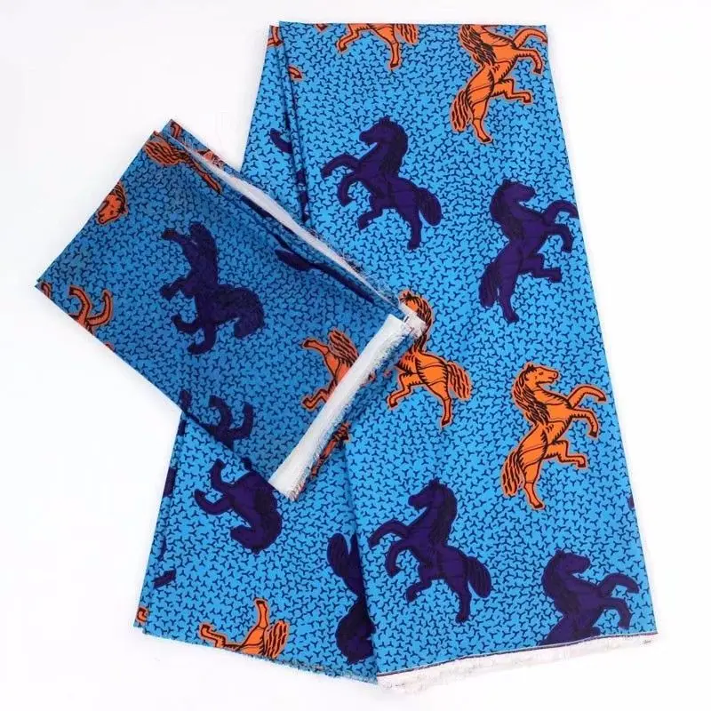 

4Yards beautiful blue background horse printed african audel.modell silk lace fabric and 2Yards chiffon scarf for dress VS6-7