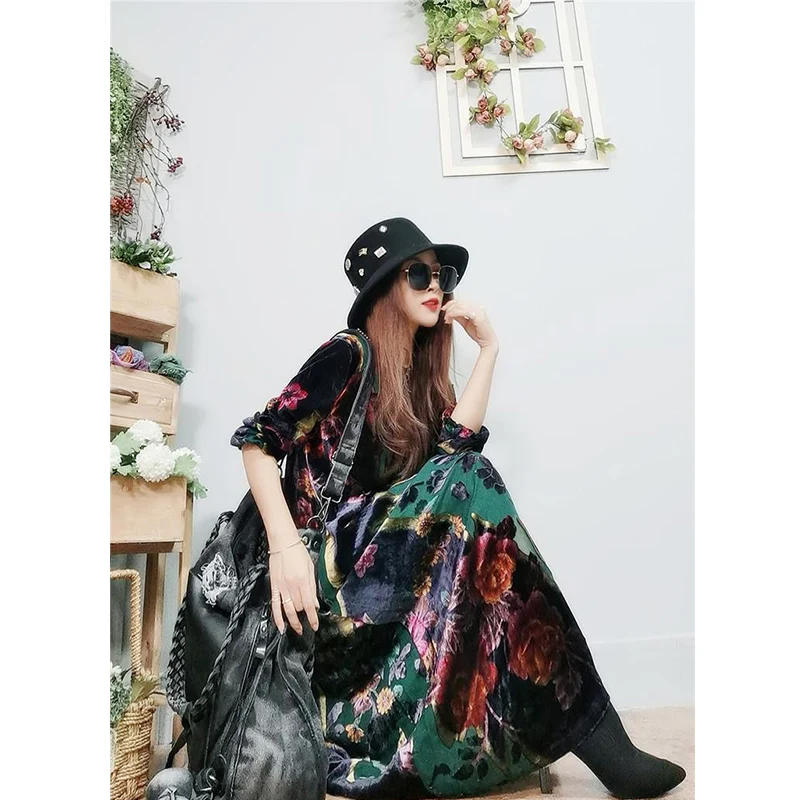 

DUOFAN Velvet Women Dress Flower Printed Autumn Winter 2020 Elegent Femme Dresses Party Half Sleeve Vintage Pleuche Clothes