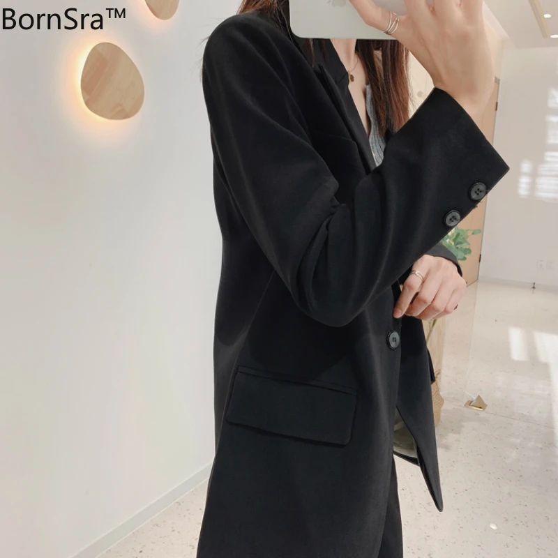

Bornsra 2020 Polyester Full Single Button Notched Office Lady Women Blazers Women Black Blazer