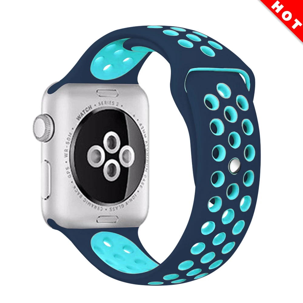 Dark blue sky blue Эластичный дышащий силиконовый спортивный ремешок для apple watch 42 мм, 38 мм, Версия 44 мм 40 мм браслет на запястье, apple серии 5/4/3/2/1 Универсальный - Цвет ремешка: Dark blue sky blue