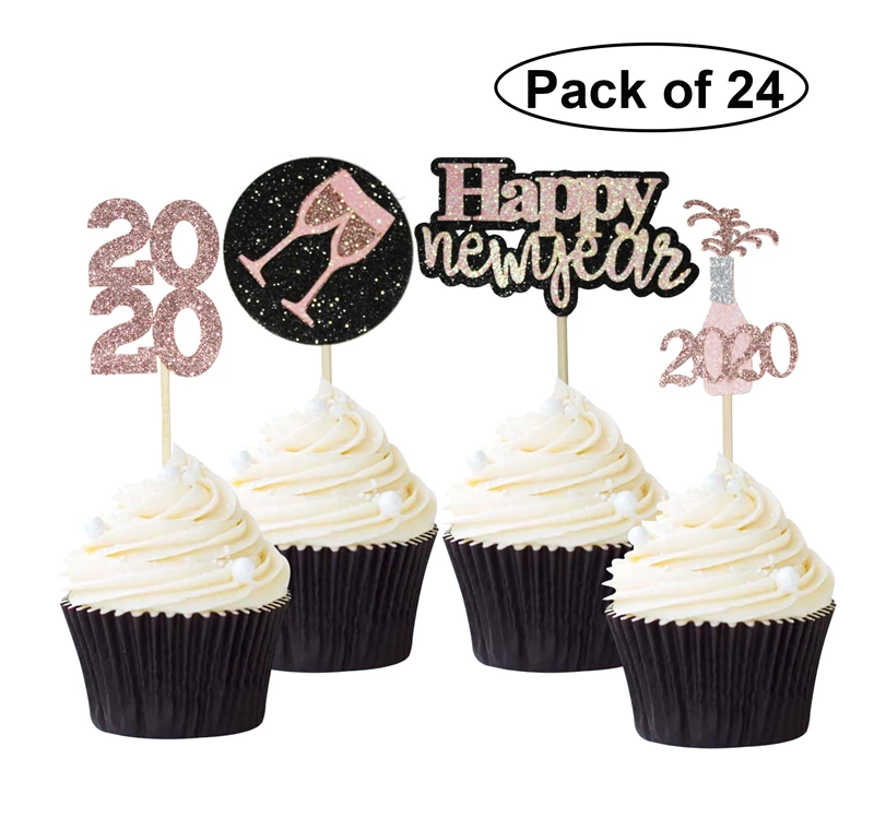 24 шт./упак. розовое золото с новым годом 2020 бумажный Топпер для кексов тортов
