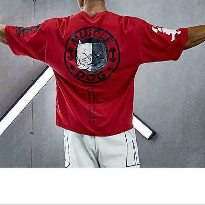 

Muscle Fitness Dog Print Tide Brand Short-sleeved Men's Cotton Plus Size Streetwear Loose T-shirt Training Suit Oversized Sports