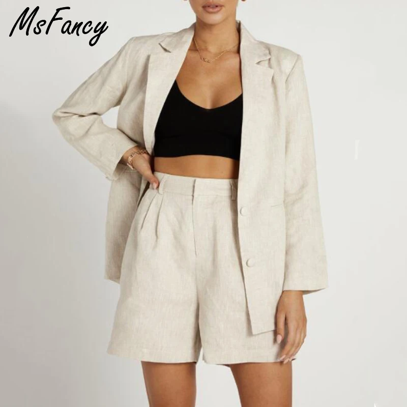 Комплект летних шорт Msfancy Женский хлопковый блейзер с длинным рукавом и шорты