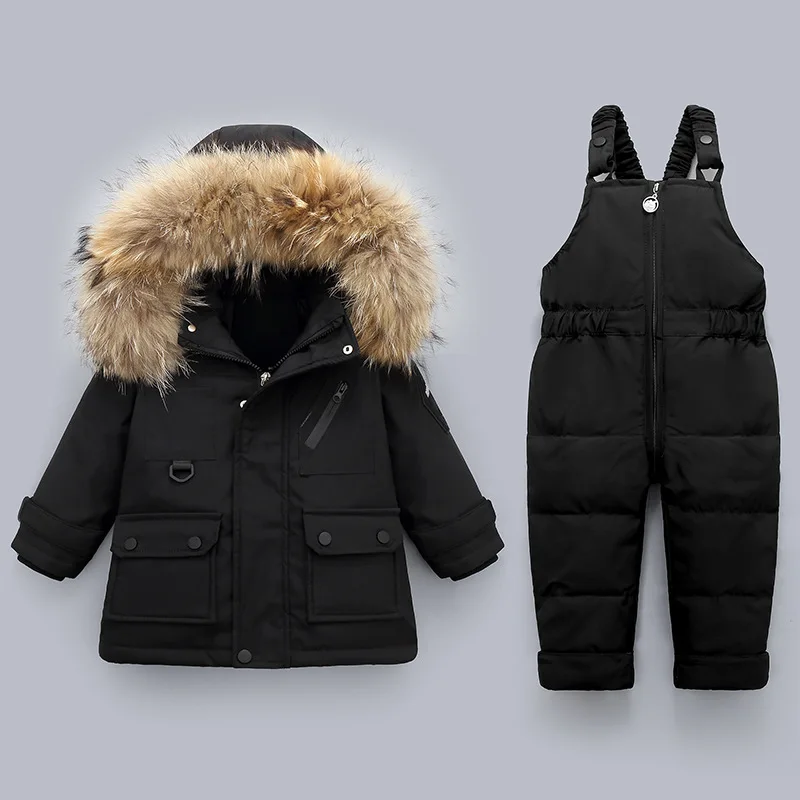 New Winter Children Fashion Snowsuit Clothing Sets For Girls Boys 80%White Duck Down Jacket+Overalls Solid Thicken Suit 1-4Yr |