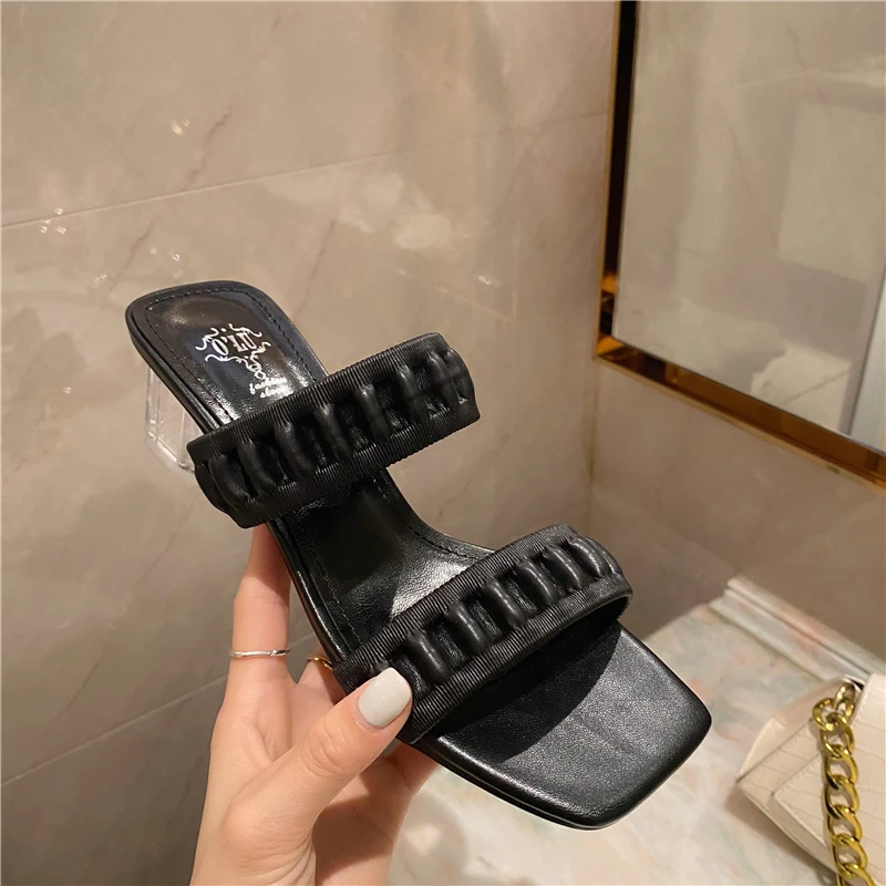 

Summer Crystal Heel Women's Slippers Square Toe Solid High Heel Women's Slippers
