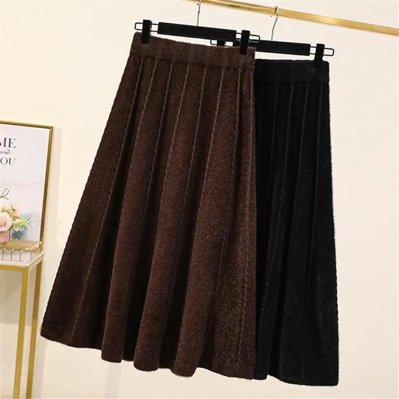 

Autumn Winter Women Solid Knitted Midi Skirts Female Thick Warm A-Line Pleated Long Skirt Ladies Elastic High Waist Skirt H365