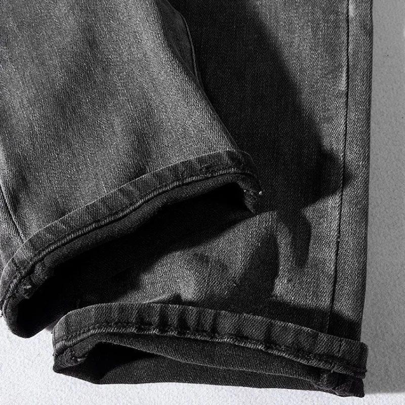 Autumn and Winter Thick Stretch Jeans Men 's American-Style Retro Brushed White Stone Washed Distressed Straight Tapered Denim T