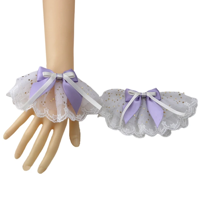 

Lolita Fake Sleeve Wrist Cuffs Ruffled Lace Star Sequin Bowknot Cosplay Bracelet