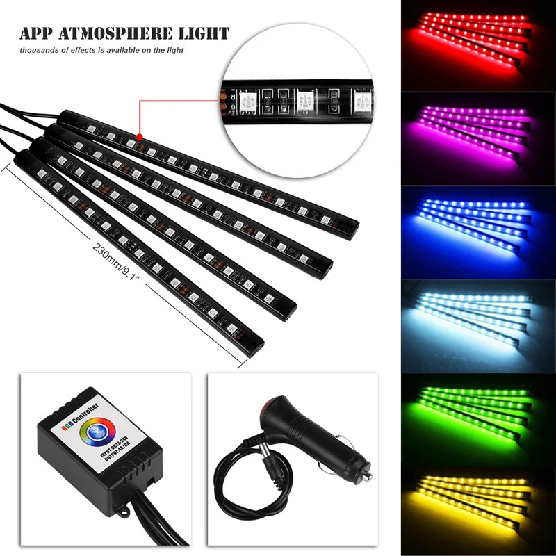 

Phone App Control Car Interior Atmosphere LED RGB Strip Light Dash Floor Foot RGB LED Strip Decorative Light Sound Control