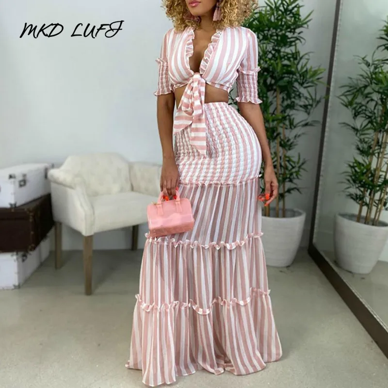 

Half Sleeve Knotted Front Crop Tops & Bandeau Maxi Skirts Set Women 2 Piece Set Outfits Striped Women Two Piece Dress