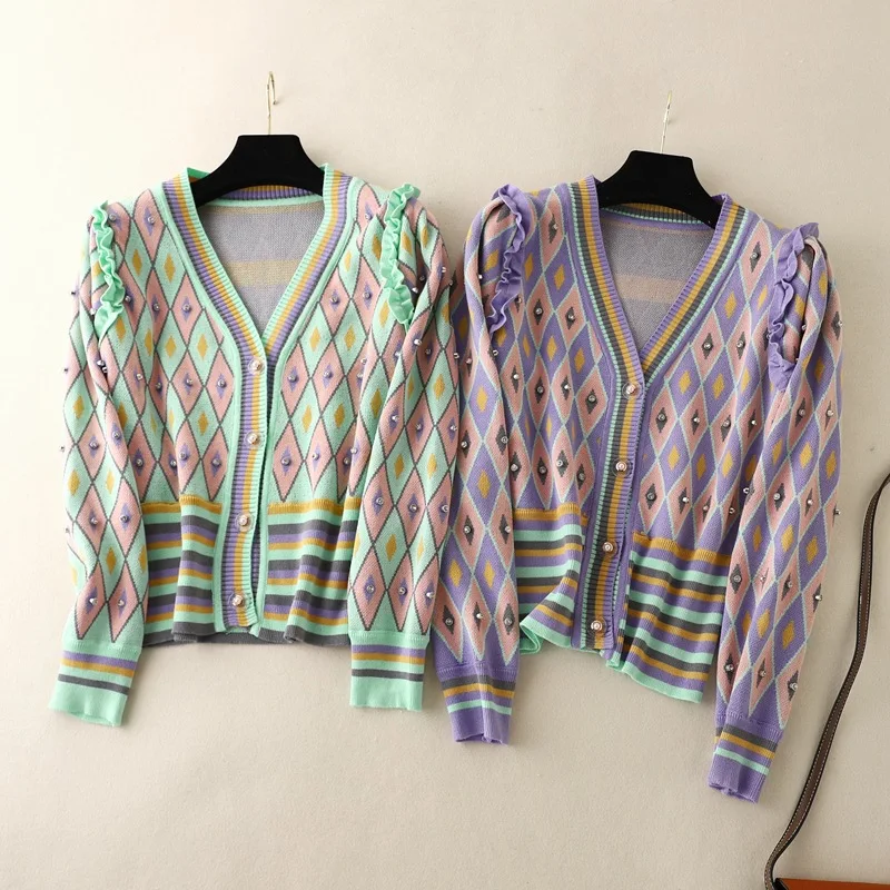 

Autumn Heavy industry beaded elegant cardigan new 2021 winter plaid jacket slim temperament top knit sweater retro cardigans