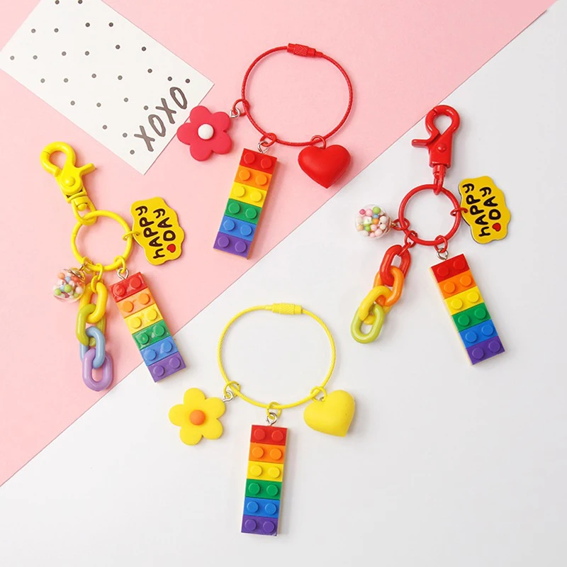 New Cute Building Blocks Keychain Keyring For Women Girl Jewelry Korea Red Heart Flower Car Bandbag Key Holder | Украшения и