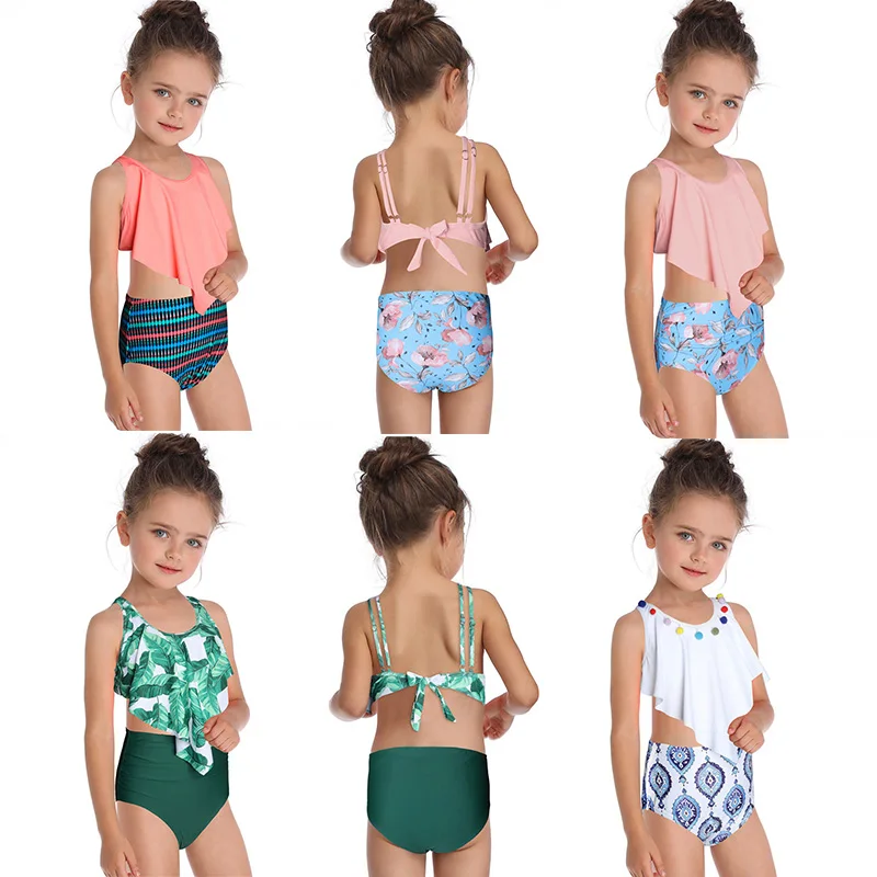 

Новый купальник для девочек 2-12 лет, детский раздельный купальник, бандажные комплекты бикини с разрезом и принтом, купальный костюм