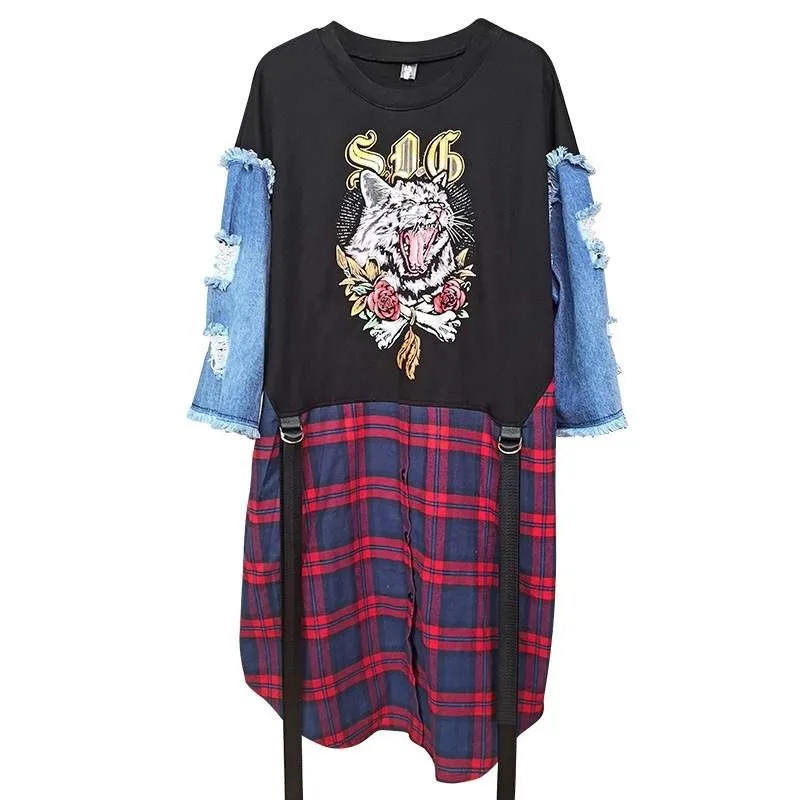 Harajuka хип хоп стиль рваные клетчатые джинсовые Лоскутные поддельные две части