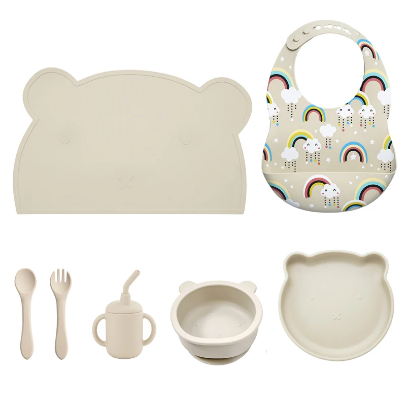 Детская силиконовая посуда, самокормящийся водонепроницаемый нагрудник с принтом для детей, твердый Набор тарелок для еды, присоски, детская посуда