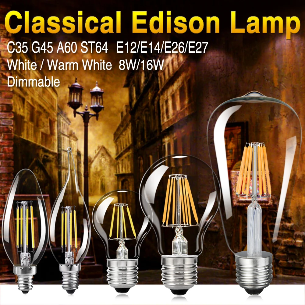 

Dimmable Edison Filament COB LED Bulb E27 E14 E12 E26 LED Bulb Light C35/G45/A60/ST64 Retro Edison Lamp Cool Warm White