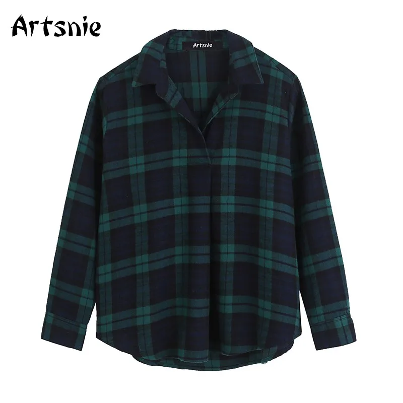 

Artsnie Vintage Plaid Shirt Women Winter 2020 Turn Down Collar Long Sleeve Blouse Tops Female Streetwear Green Shirts Blusas