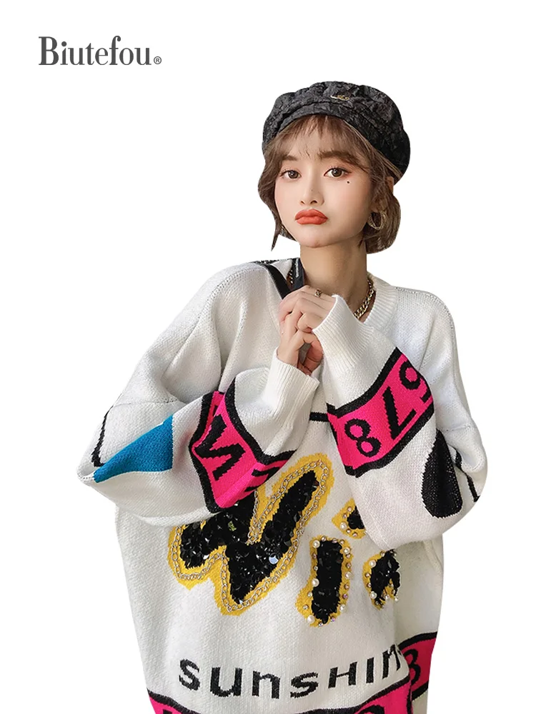 

2021 New Arrival Winter Women Long Loose Letter Beads Thick Sweater
